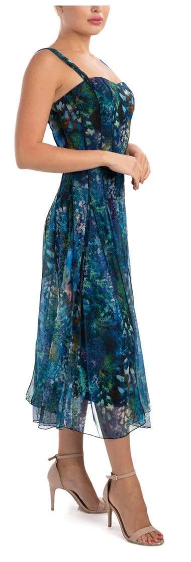 Turquoise Floral Panel Mesh Dress