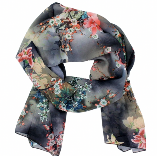 Black Blossom Chiffon Scarf