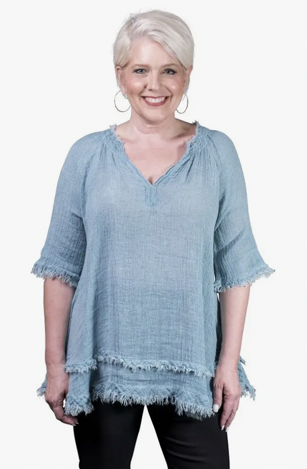 Crinkle Linen Raw Edge Top Lake