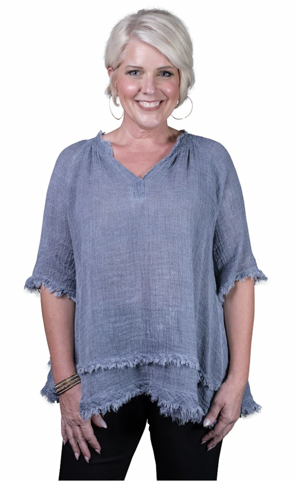Crinkle Linen Raw Edge Top Navy