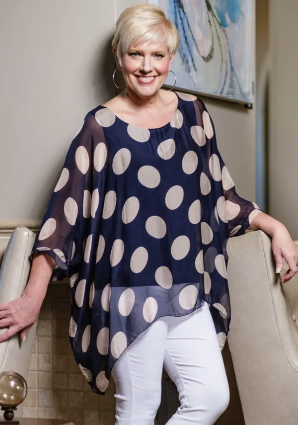 Sofia Large Dot Silk Kaftan Navy