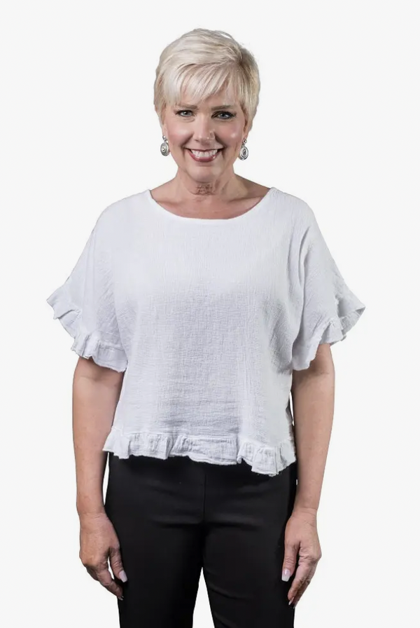 White Linen/Cotton Ruffle Top