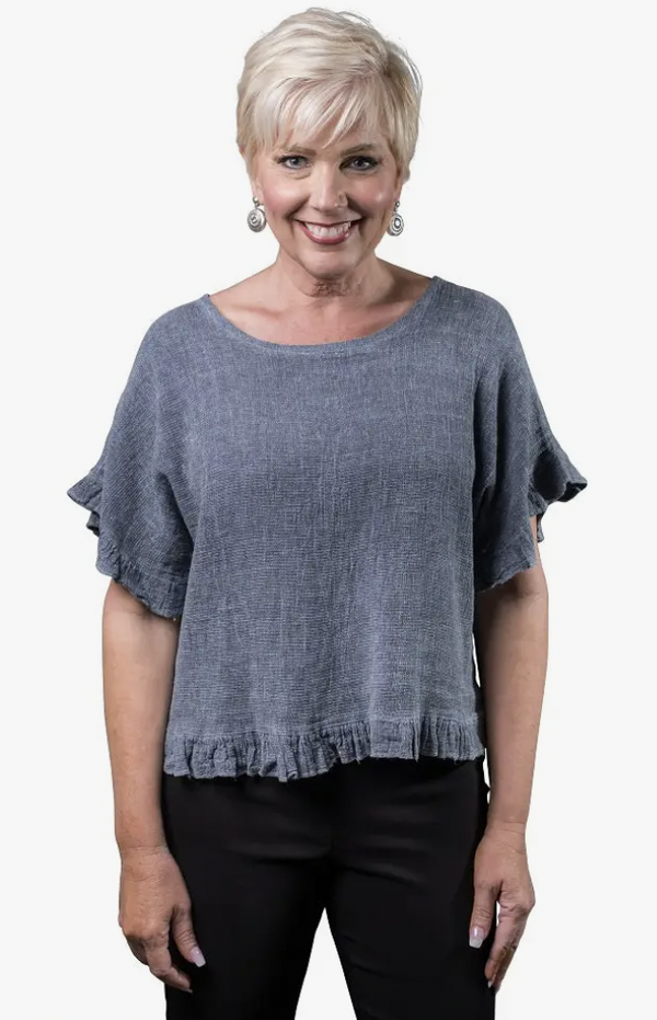 Navy Linen/Cotton Ruffle Top