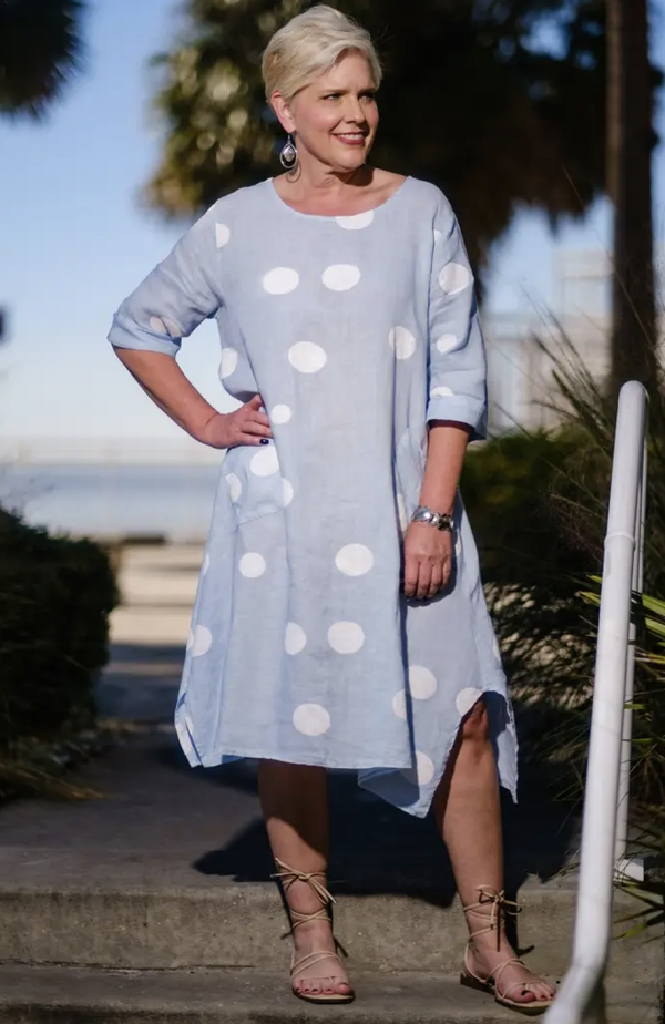 Ice Blue Linen Dot Dress
