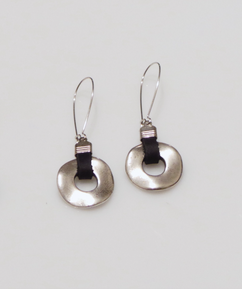 Silver Leather Disc Earring