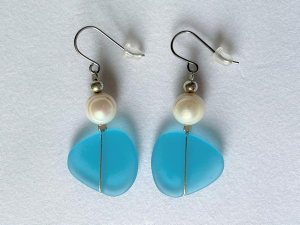 Aqua Seaglass & Pearl Earring