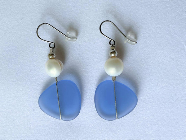 Blue Seaglass & Pearl Earring