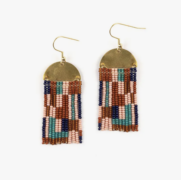 Beaded Patchwork & Brass Earrings Deep Multi