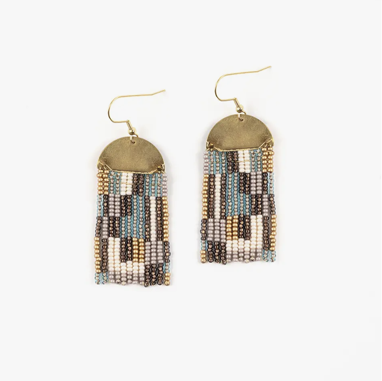 Beaded Patchwork & Brass Earrings Taupe