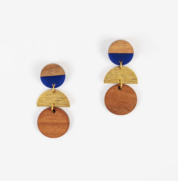 Navy Wood Disc Stack Earrings
