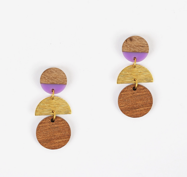 Purple Wood Disc Stack Earrings