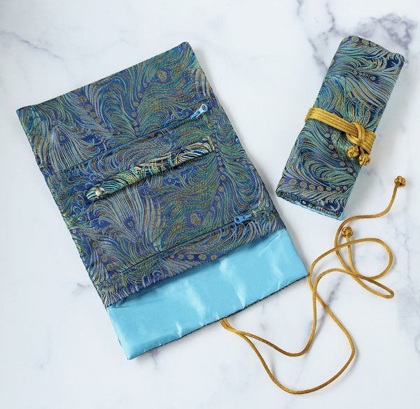 Blue Peacock  Brocade Jewelry Rolls