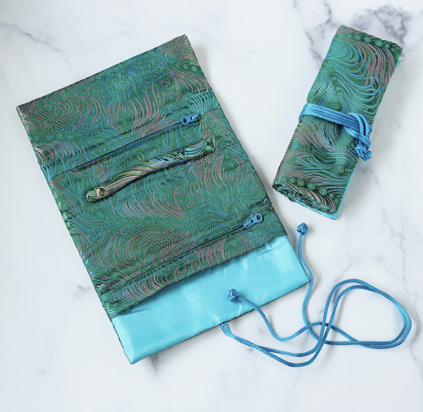 Teal Peacock  Brocade Jewelry Rolls