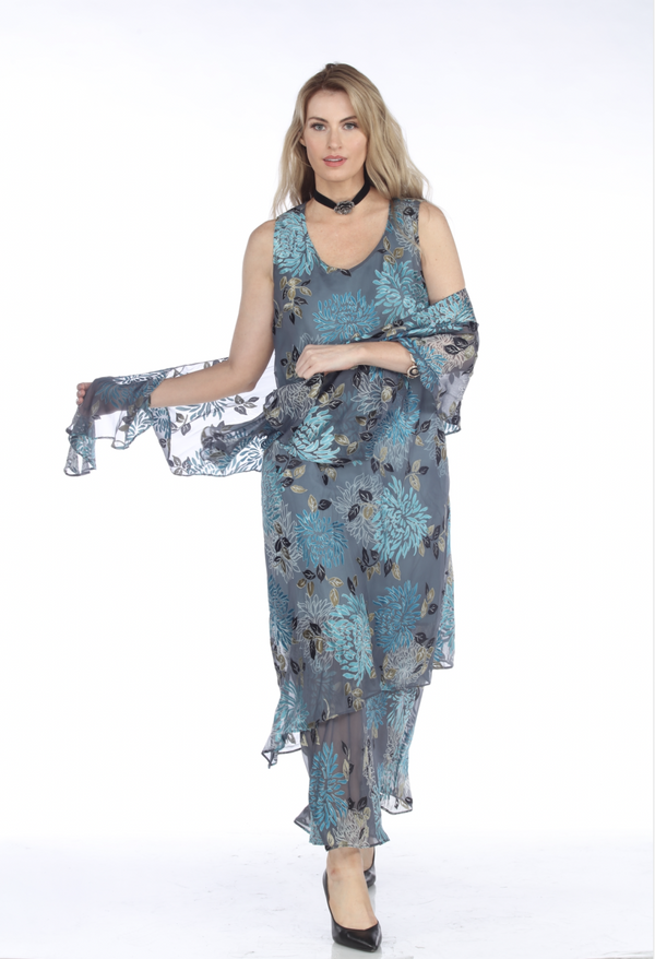 Blue Silk Burnout Dress & Shawl Set