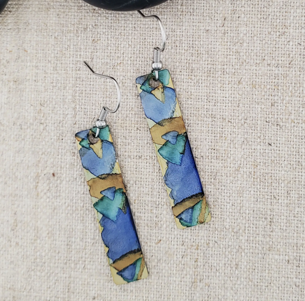 Blue and Brown Alcohol Ink Rectangle Earring