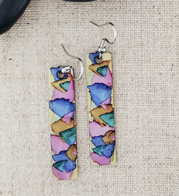 Pink Alcohol Ink Rectangle Earring
