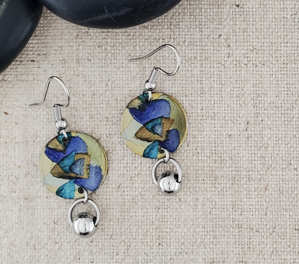 Blue and Brown Alcohol Ink Ball Connector Earring