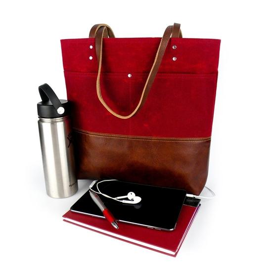 Red Leather Canvas Tote