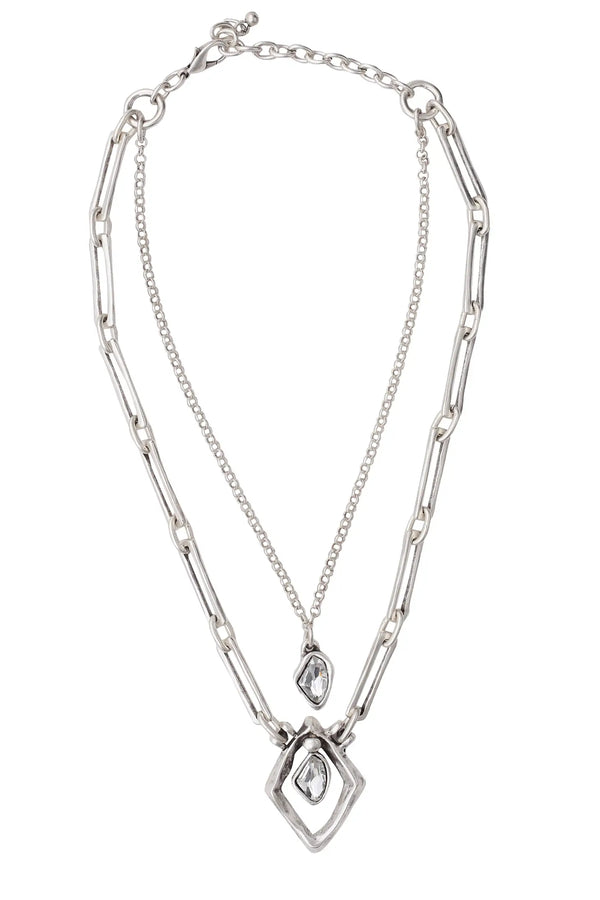 Double Layer Pewter & Crystal Necklace